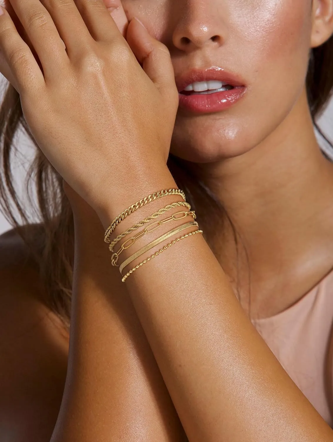 Kyerlyn Gold Bracelets for Women Waterproof, 14K Real Gold Jewelry Sets for Women Trendy Dainty Stackable Cuban Link Paperclip Chain Bracelet Pack Fashion Accessories Gifts