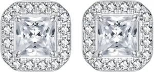 Lab Grown Diamond and Moissanite Princess Cut Halo Earring Brilliant Round Cut Diamond Handmade Stud Earrings for Women Platinum Plated Silver (D Color, VVS Clarity)