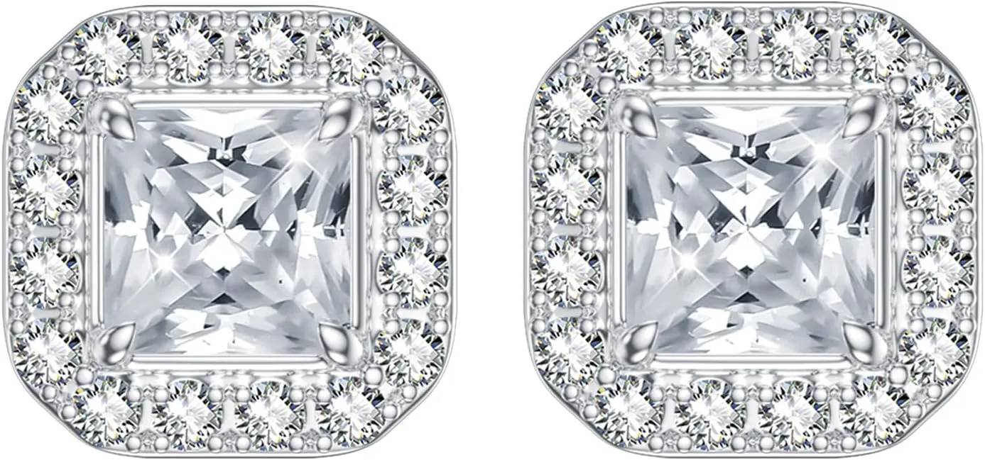 Lab Grown Diamond and Moissanite Princess Cut Halo Earring Brilliant Round Cut Diamond Handmade Stud Earrings for Women Platinum Plated Silver (D Color, VVS Clarity)