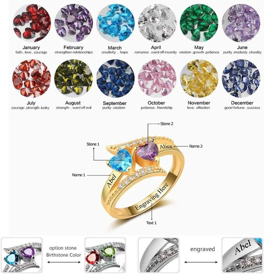 Lam Hub Fong Gifts for Mom Mothers Day Gifts Mothers Ring Personalized 2 Birthstones for Women Custom 2 Names Promise Rings for Her Mothers Day Ring for Grandmother Wife
