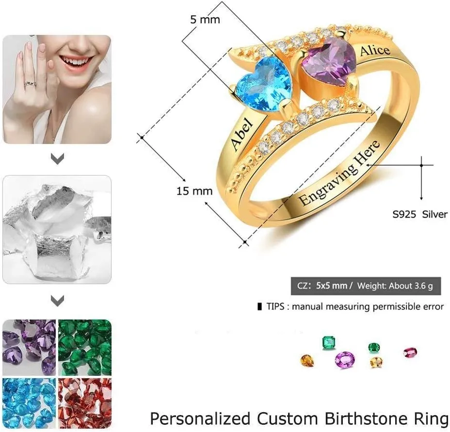 Lam Hub Fong Gifts for Mom Mothers Day Gifts Mothers Ring Personalized 2 Birthstones for Women Custom 2 Names Promise Rings for Her Mothers Day Ring for Grandmother Wife