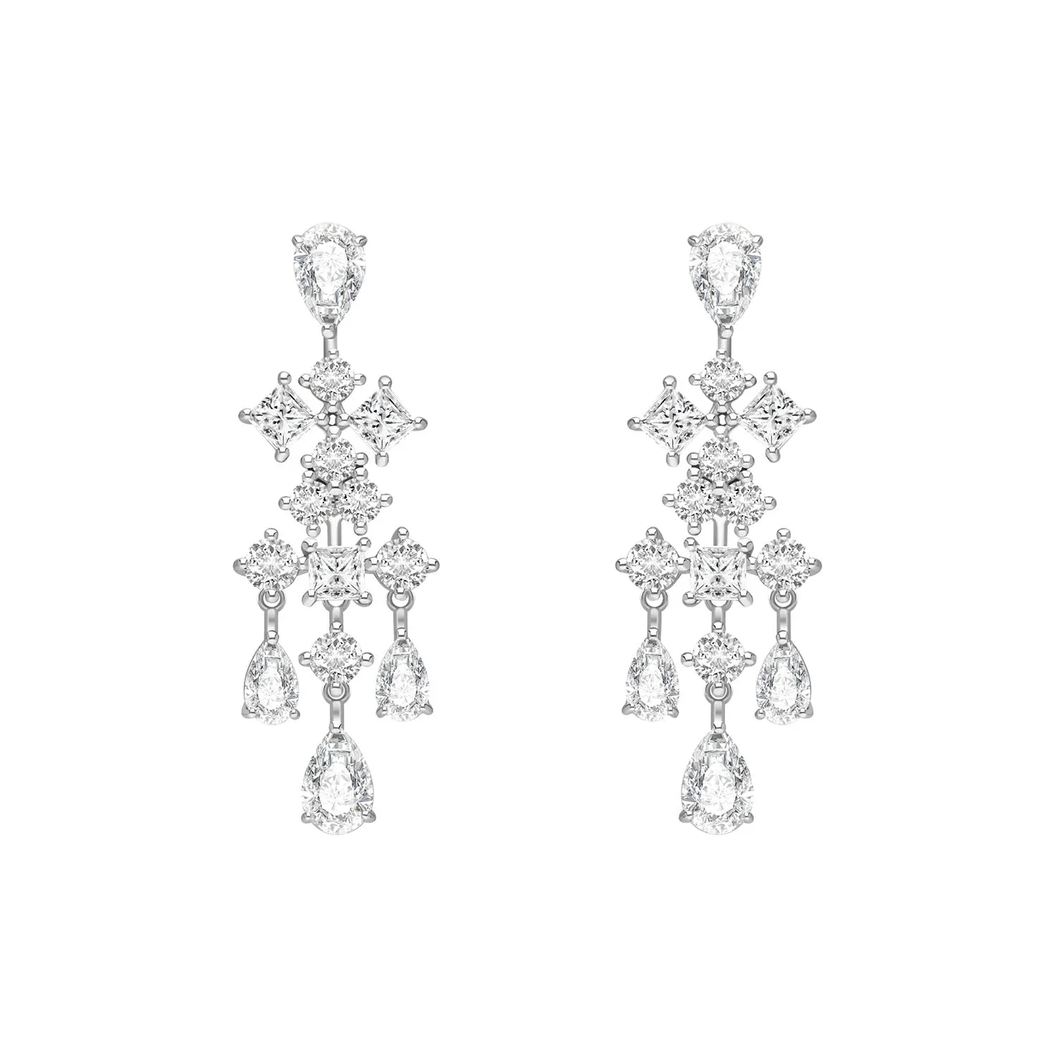Laureate: Silver rhodium plated multi-shaped CZ teardrop dangle earrings