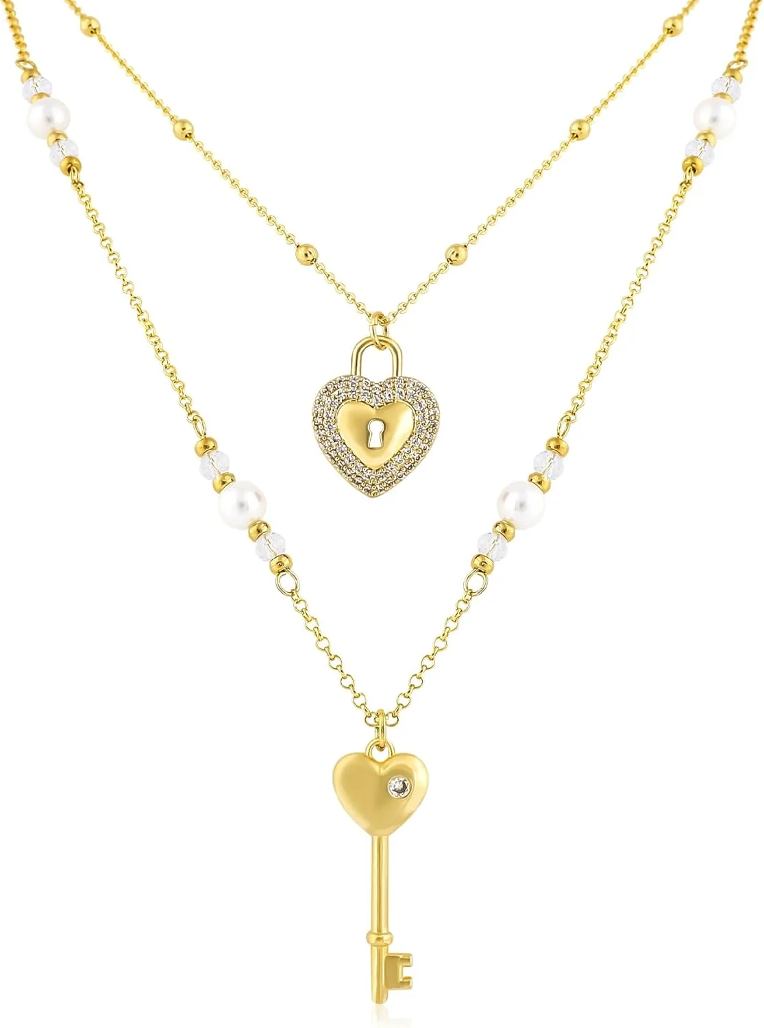 Layered Gold Necklace for Women 14K Gold Plated Cubic Zirconia Lock Key Love Heart Cherry Bow Butterfly Flower Pendant Necklace Pearl Cute Glass Beads Choker Necklace Adjustable Trendy Jewelry Gift