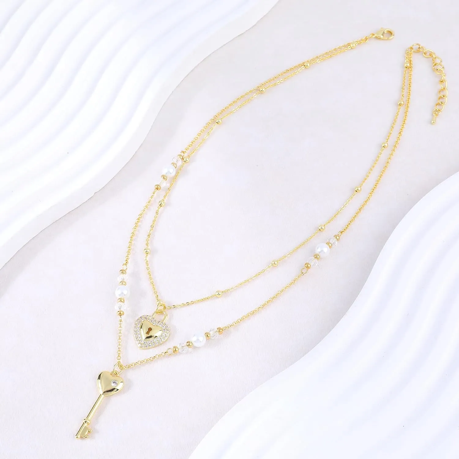 Layered Gold Necklace for Women 14K Gold Plated Cubic Zirconia Lock Key Love Heart Cherry Bow Butterfly Flower Pendant Necklace Pearl Cute Glass Beads Choker Necklace Adjustable Trendy Jewelry Gift