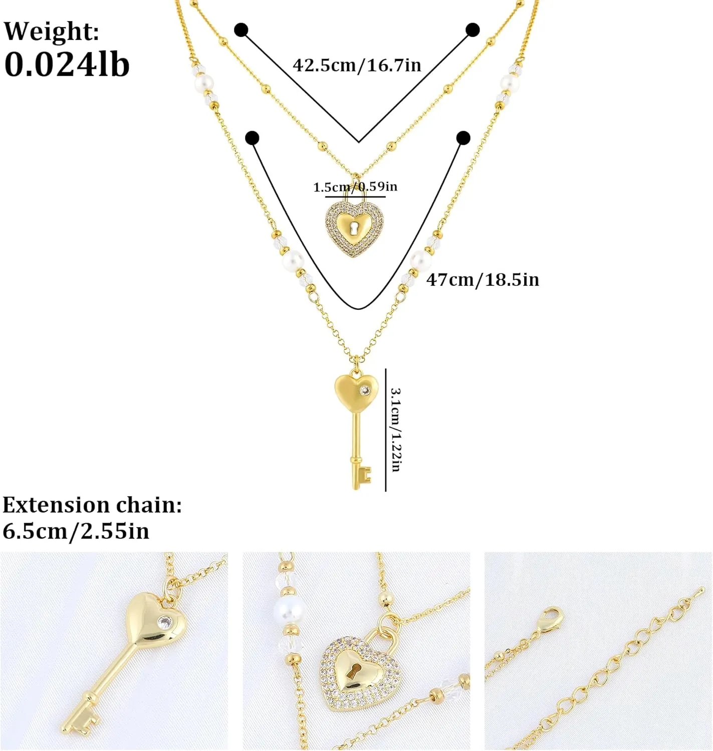 Layered Gold Necklace for Women 14K Gold Plated Cubic Zirconia Lock Key Love Heart Cherry Bow Butterfly Flower Pendant Necklace Pearl Cute Glass Beads Choker Necklace Adjustable Trendy Jewelry Gift
