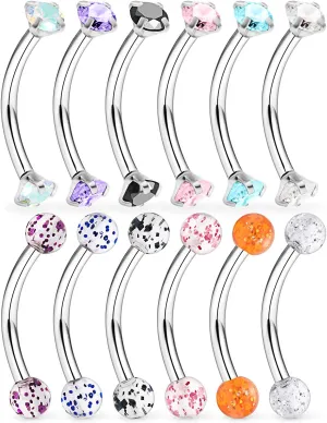 Lcolyoli 12-18 Pcs 16G Surgical Steel Eyebrow Piercing Rings Colorful Diamond CZ Curved Barbell Rook Daith Piercing Body Jewelry for Women Men