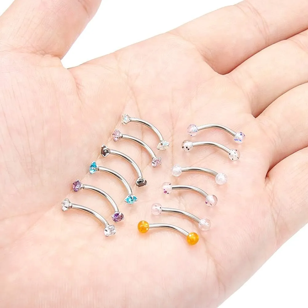 Lcolyoli 12-18 Pcs 16G Surgical Steel Eyebrow Piercing Rings Colorful Diamond CZ Curved Barbell Rook Daith Piercing Body Jewelry for Women Men