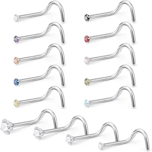 Lcolyoli 14PCS 22G Surgical Steel Nose Stud Rings Screw Piercing Jewelry Mix Color Diamond CZ 1.5mm 2mm 2.5mm 3mm