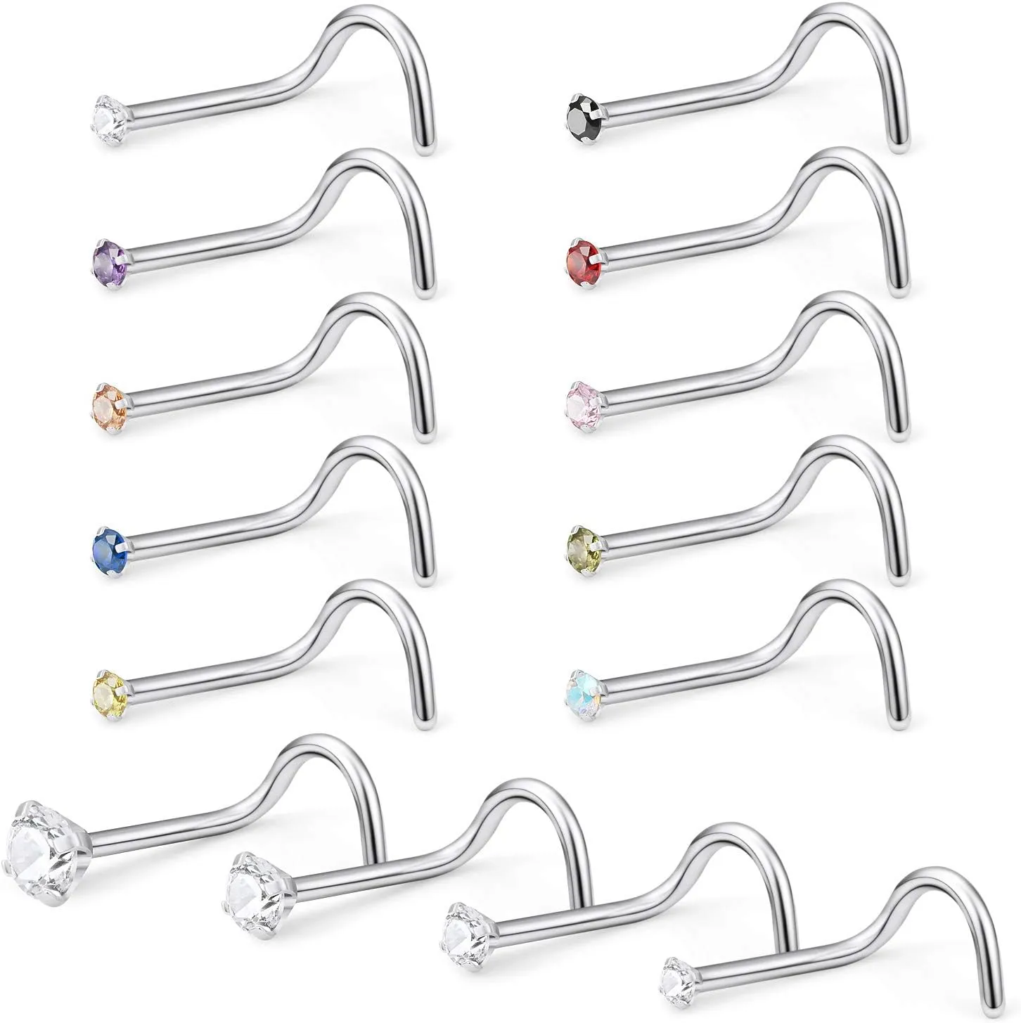 Lcolyoli 14PCS 22G Surgical Steel Nose Stud Rings Screw Piercing Jewelry Mix Color Diamond CZ 1.5mm 2mm 2.5mm 3mm