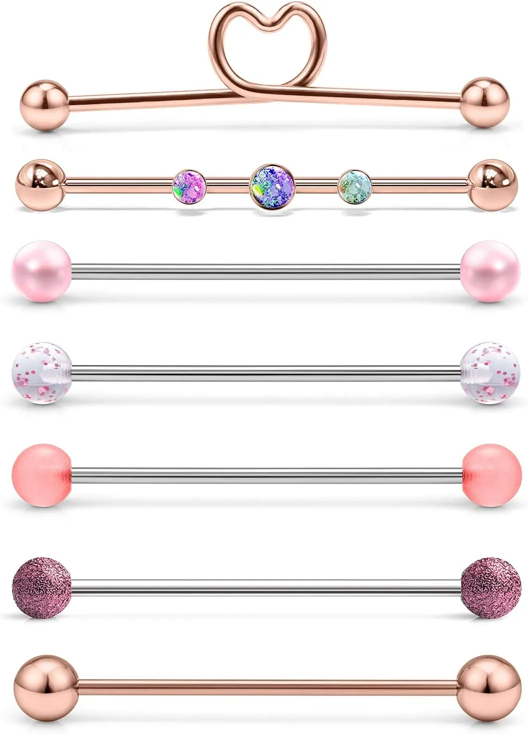 Lcolyoli 16G Stainless Steel Industrial Barbell with Opal Earrings for Women Men Cartilage Helix Rings Piercing Jewelry 7 Pieces 1 1/2 Inch (38mm) Industrial Piercing Bar