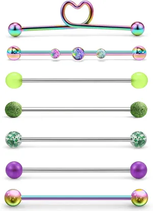 Lcolyoli 16G Stainless Steel Industrial Barbell with Opal Earrings for Women Men Cartilage Helix Rings Piercing Jewelry 7 Pieces 1 1/2 Inch (38mm) Industrial Piercing Bar