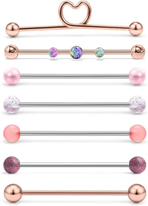Lcolyoli 16G Stainless Steel Industrial Barbell with Opal Earrings for Women Men Cartilage Helix Rings Piercing Jewelry 7 Pieces 1 1/2 Inch (38mm) Industrial Piercing Bar