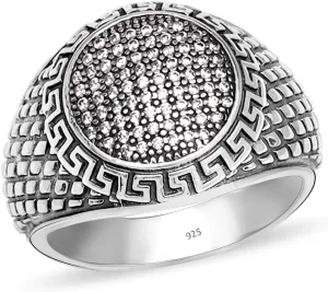 LeCalla Solid 925 Sterling Silver Antique Men's Ring | Round Pave Cubic Zirconia Moissanite Wedding Engagement Ring for Men | Silver Chunky Band Ring for Dad Father Husband Men Gifts