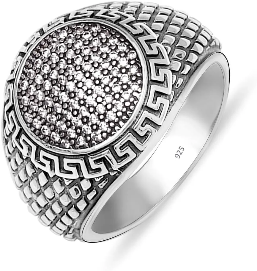 LeCalla Solid 925 Sterling Silver Antique Men's Ring | Round Pave Cubic Zirconia Moissanite Wedding Engagement Ring for Men | Silver Chunky Band Ring for Dad Father Husband Men Gifts