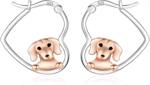 LES OSEWA Dog Animal Earrings Sterling Silver Animal Heart Hoop Dangle Earrings Cute Jewelry Gifts for Women