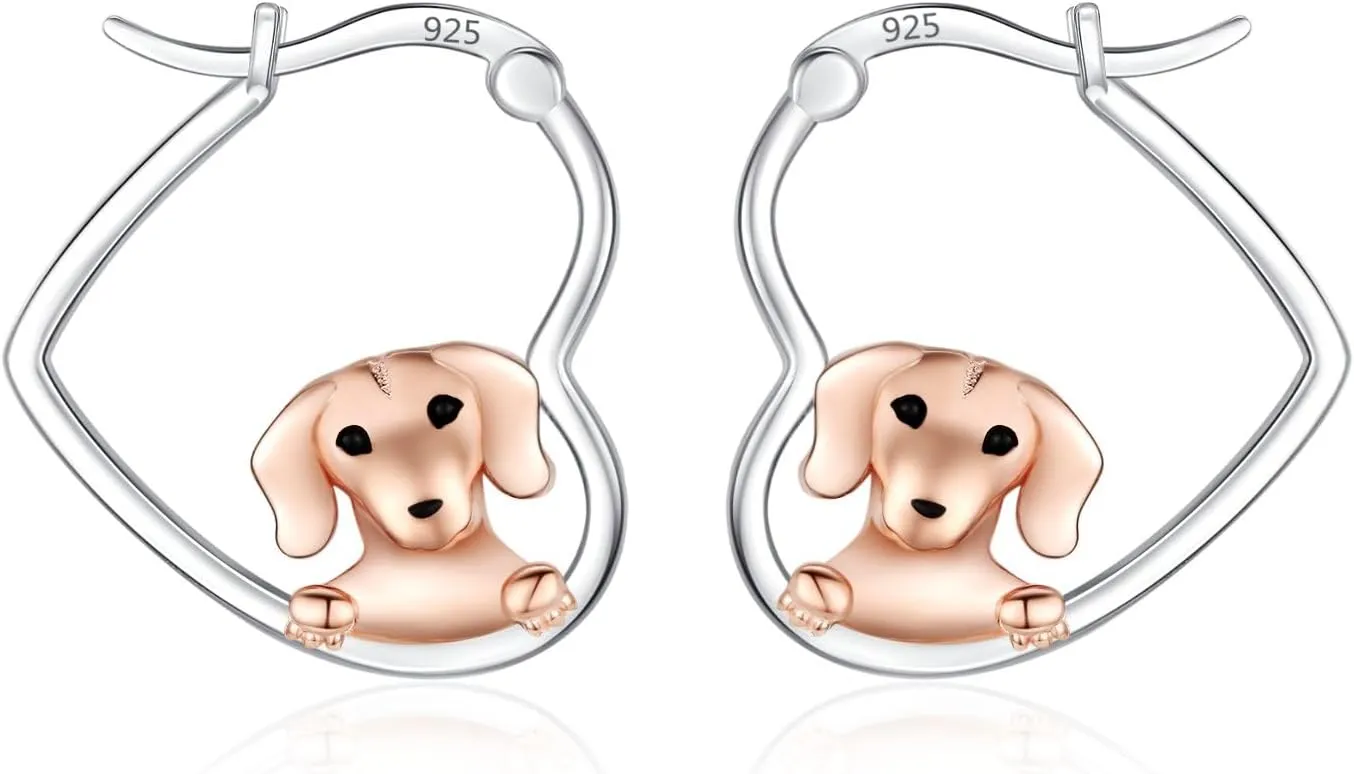 LES OSEWA Dog Animal Earrings Sterling Silver Animal Heart Hoop Dangle Earrings Cute Jewelry Gifts for Women