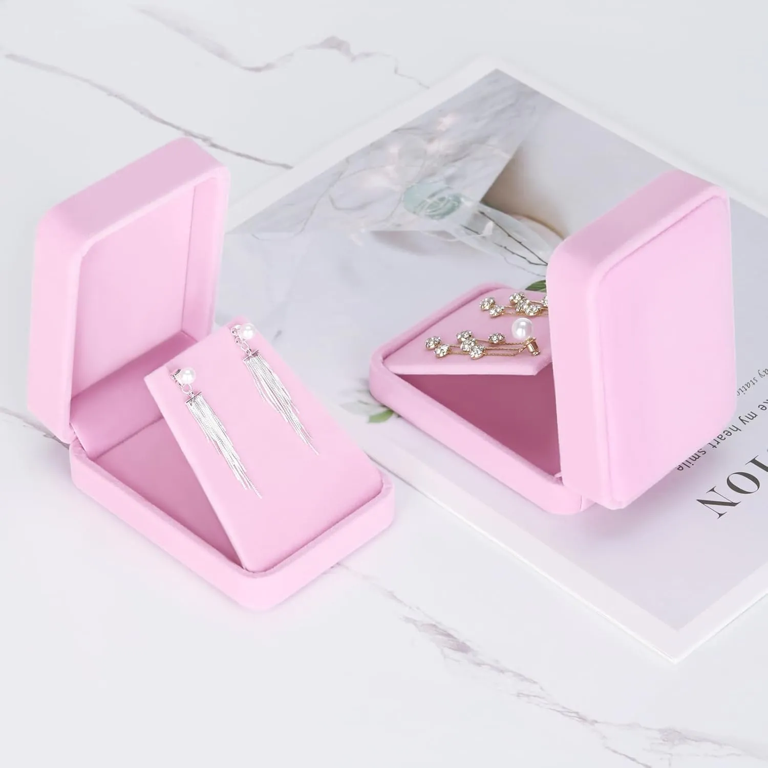 LETURE 2 Pieces Velvet Jewelry Gift Boxes for Necklace Pendant Earring Bracelet, Small Jewelry Storage Display Case for Christmas Wedding Engagement Birthday Anniversary (Pink)
