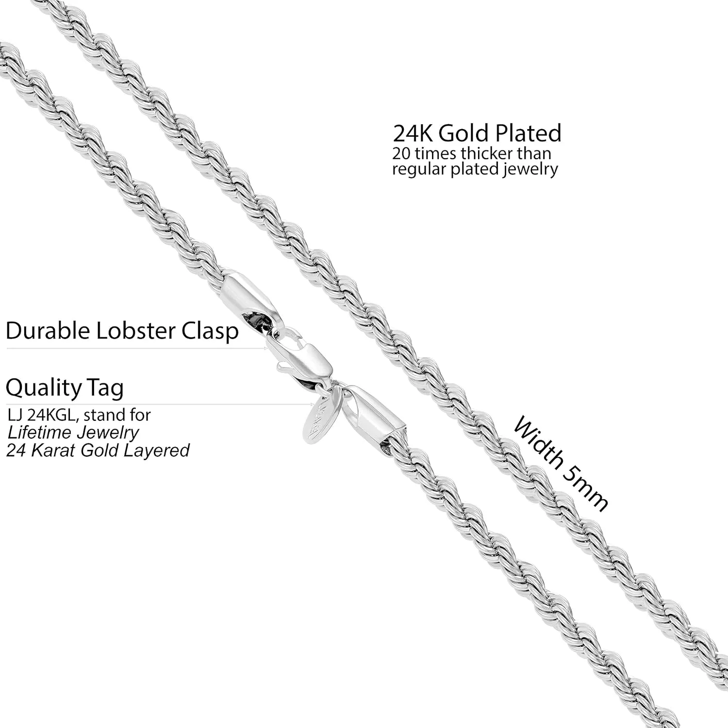 LIFETIME JEWELRY 5mm White Gold Chain for Men & Women 24k Real Gold Plated Diamond Cut Gold Rope Chain for Men & Gold Chain Necklace Women 16 to 36 Inch