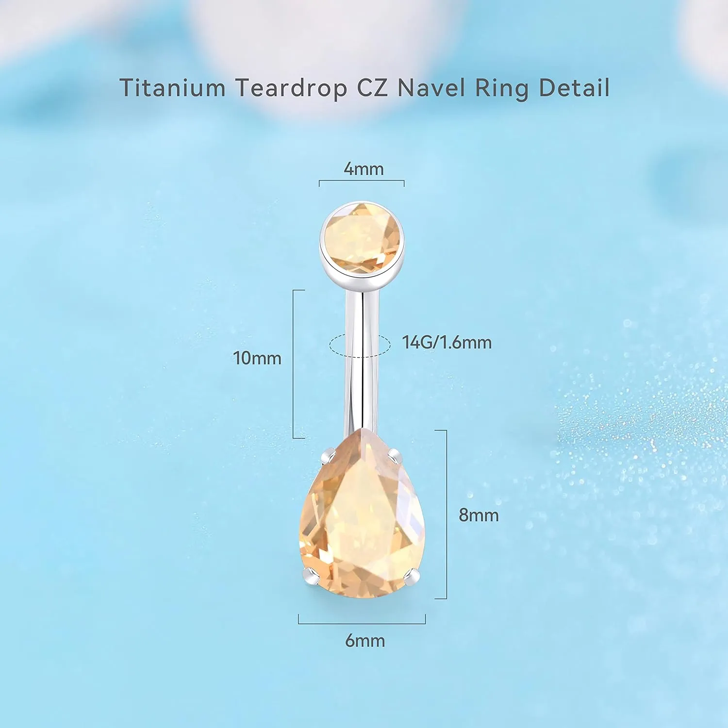 limerencia 14G G23 Titanium Belly Button Ring with Small Teardrop Cubic Zirconia 10mm Internally Threaded Navel Piercing Jewelry