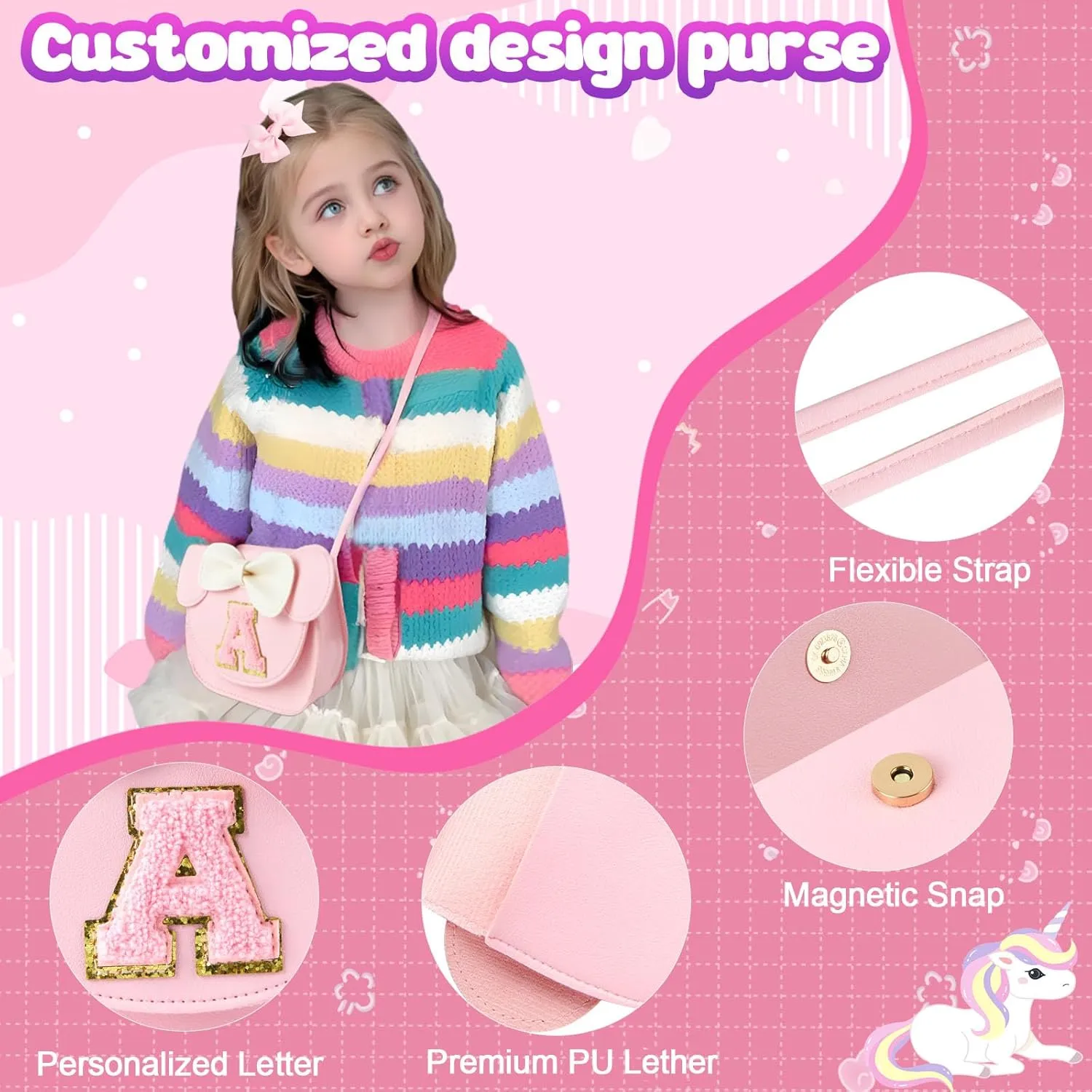 Little Girl Purse Gifts with Unicorn Costume Jewelry, 18PCS Birthday Gift Toys for Girls Kids Toddler, Initial Purses, Necklace, Bracelet, Adjustable Rings, Clip On Earrings, Hair Clips