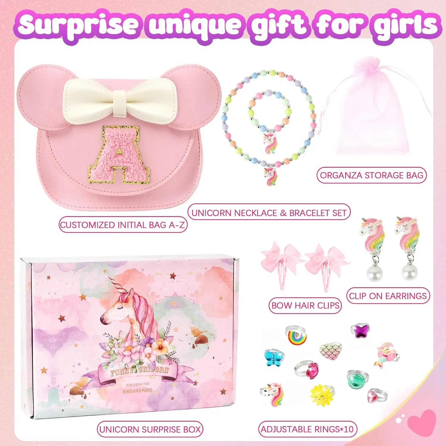 Little Girl Purse Gifts with Unicorn Costume Jewelry, 18PCS Birthday Gift Toys for Girls Kids Toddler, Initial Purses, Necklace, Bracelet, Adjustable Rings, Clip On Earrings, Hair Clips