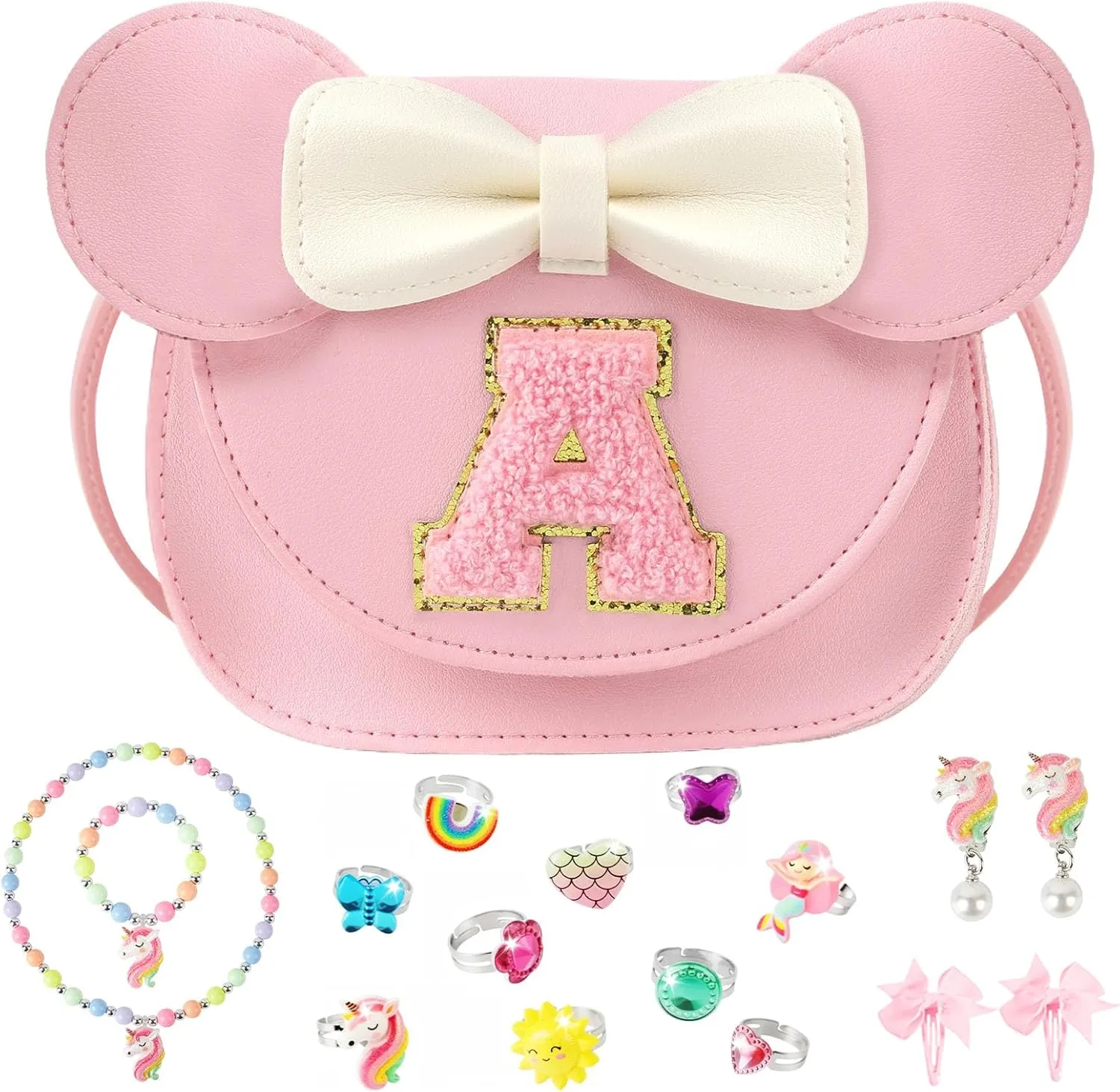 Little Girl Purse Gifts with Unicorn Costume Jewelry, 18PCS Birthday Gift Toys for Girls Kids Toddler, Initial Purses, Necklace, Bracelet, Adjustable Rings, Clip On Earrings, Hair Clips