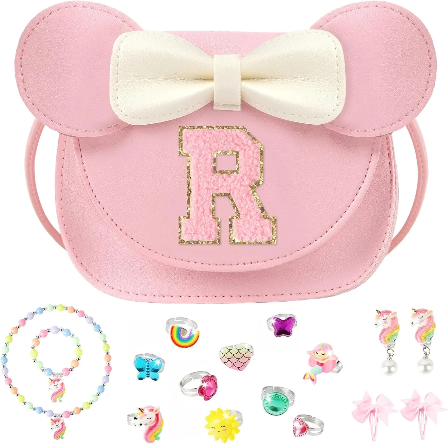Little Girl Purse Gifts with Unicorn Costume Jewelry, 18PCS Birthday Gift Toys for Girls Kids Toddler, Initial Purses, Necklace, Bracelet, Adjustable Rings, Clip On Earrings, Hair Clips