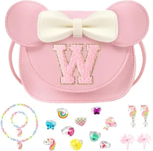 Little Girl Purse Gifts with Unicorn Costume Jewelry, 18PCS Birthday Gift Toys for Girls Kids Toddler, Initial Purses, Necklace, Bracelet, Adjustable Rings, Clip On Earrings, Hair Clips