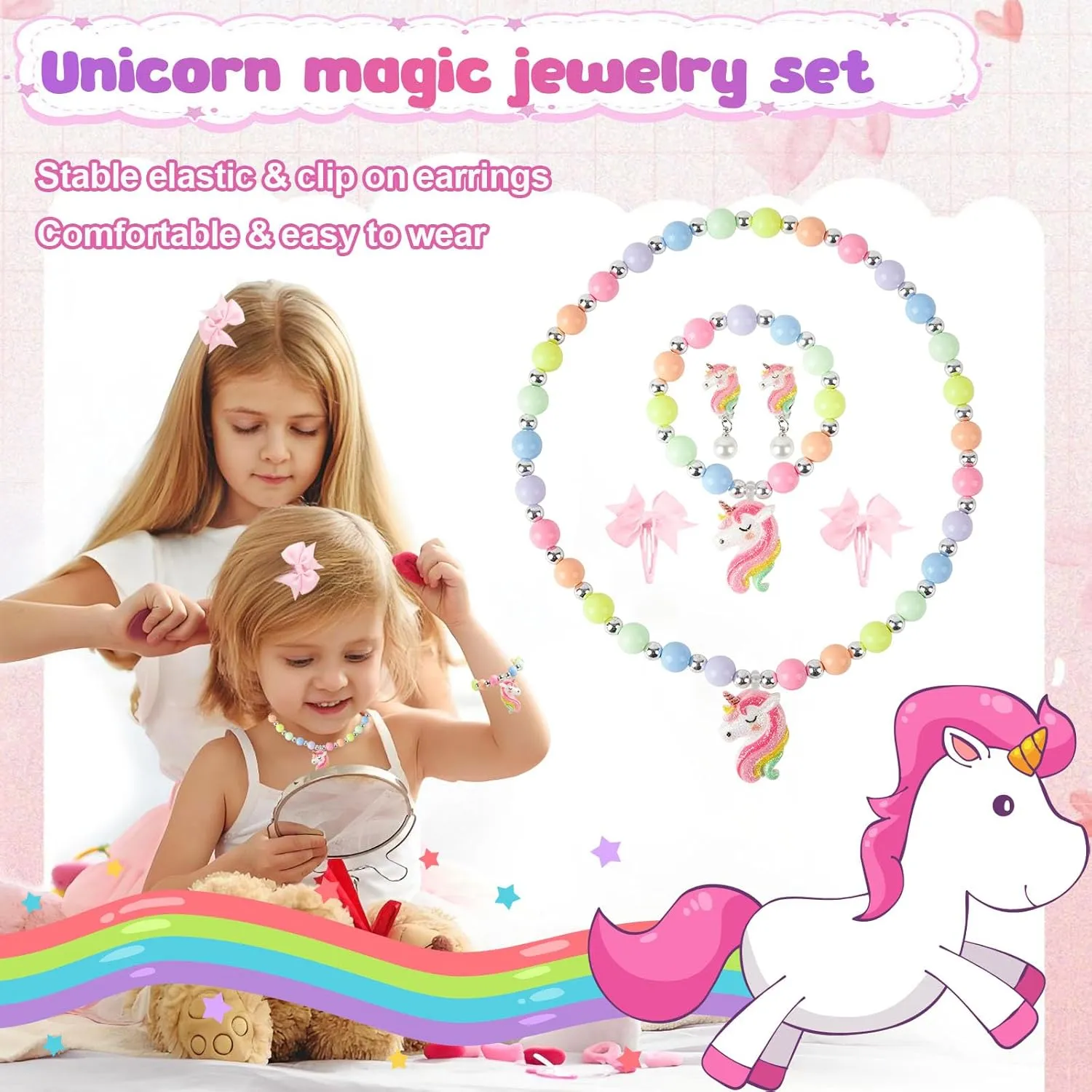 Little Girl Purse Gifts with Unicorn Costume Jewelry, 18PCS Birthday Gift Toys for Girls Kids Toddler, Initial Purses, Necklace, Bracelet, Adjustable Rings, Clip On Earrings, Hair Clips