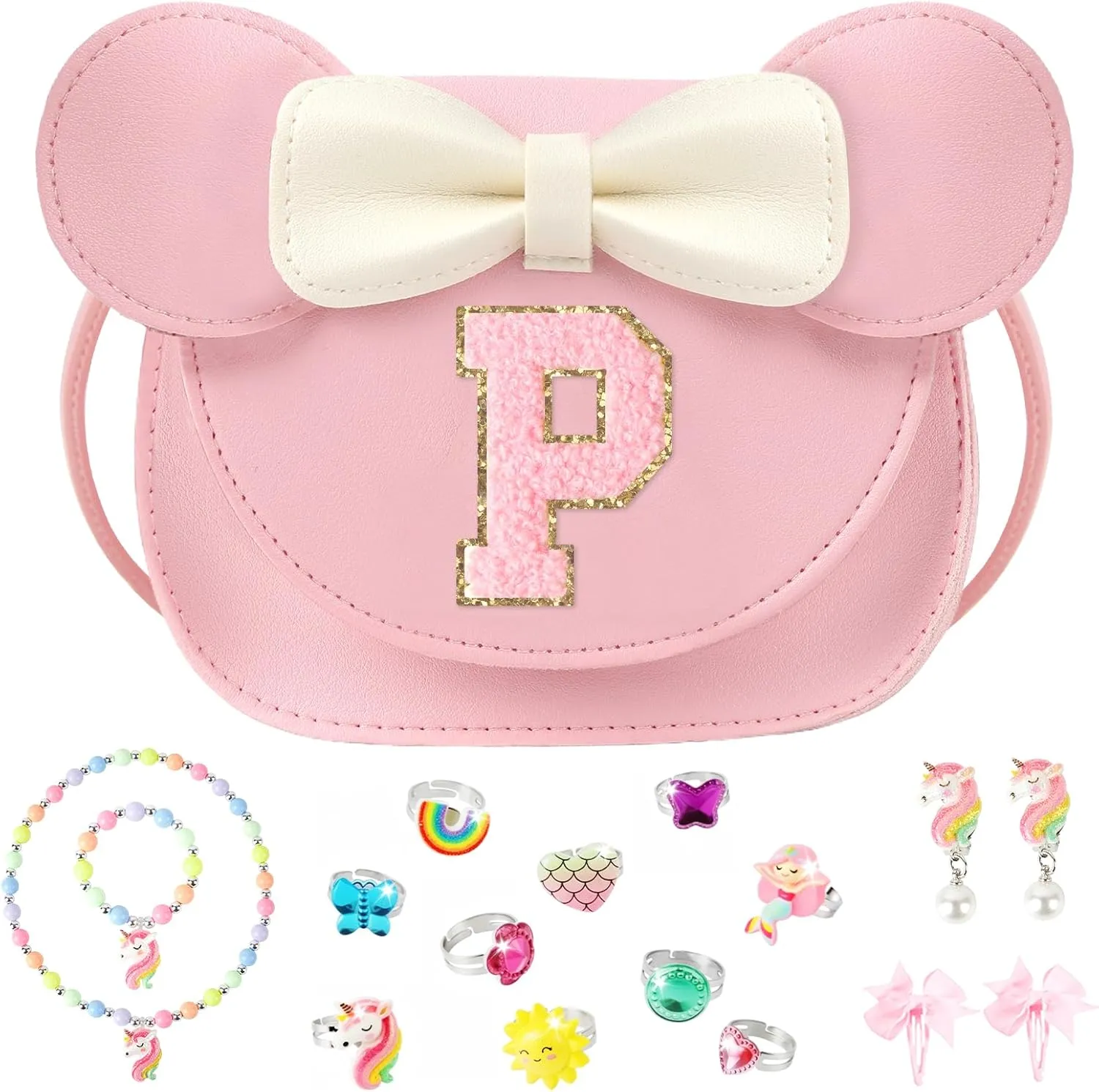 Little Girl Purse Gifts with Unicorn Costume Jewelry, 18PCS Birthday Gift Toys for Girls Kids Toddler, Initial Purses, Necklace, Bracelet, Adjustable Rings, Clip On Earrings, Hair Clips