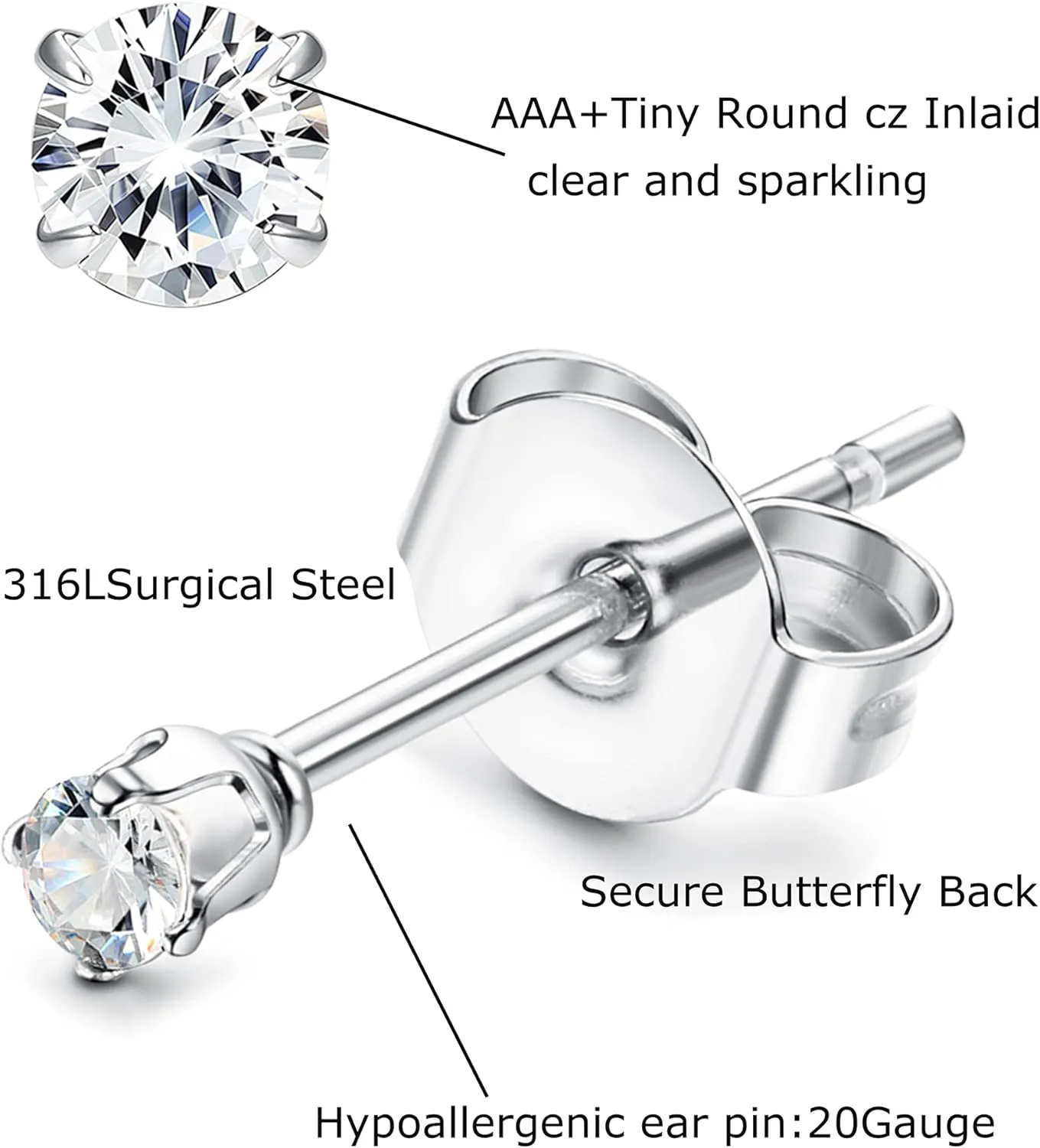 LOLIAS 18-24 Pairs Tiny Stud Earrings Small Stainless Steel Cartlidge Ear Studs Set for Multiple Piercing Hypoallergenic 2MM CZ Earrings for Men Women Mini Round Ball Earrings 20G