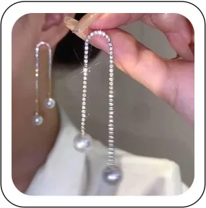 Long Tassel Pearl Drop Earrings Rhinestone Chain Linear Dangle Earrings Double Strand Crystal Chain Drop Earrings Imitation Pearl Wedding Prom Earrings Jewelry for Women
