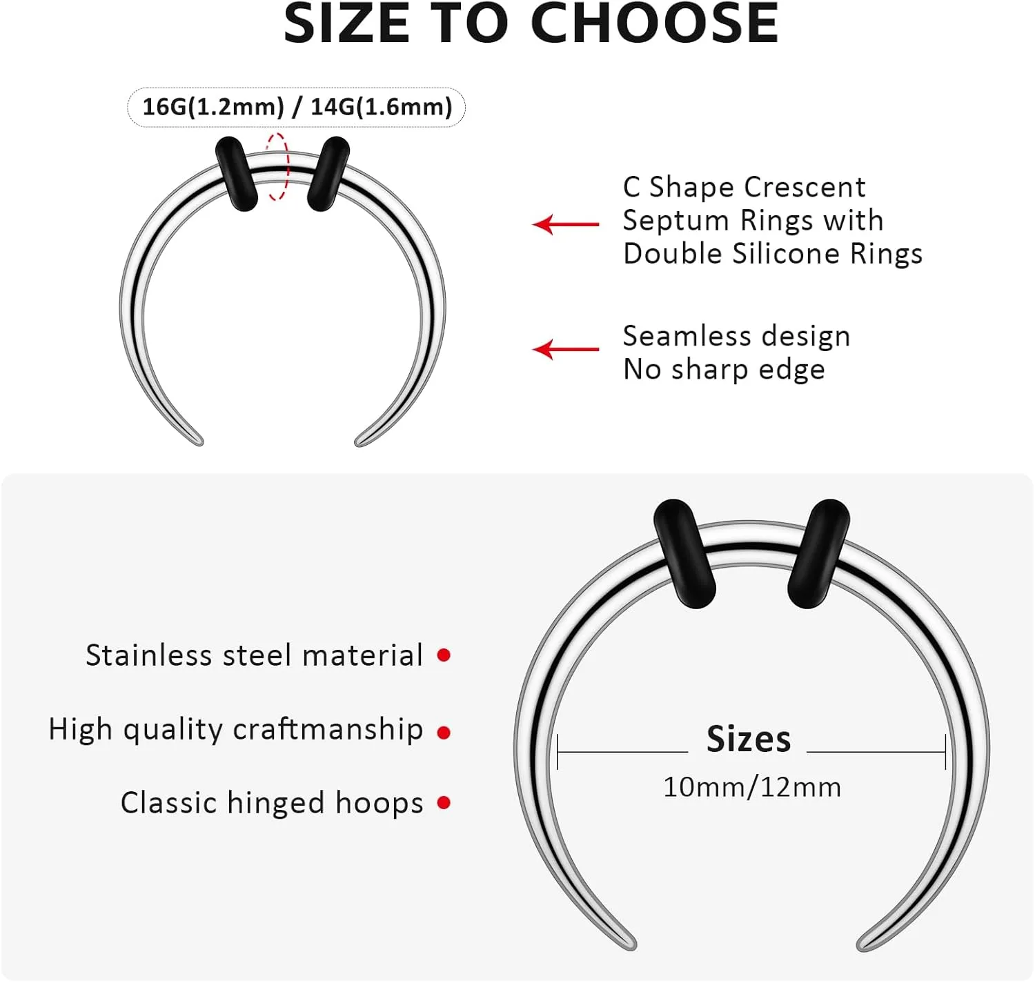 Longbeauty 14G 16G Pincher Septum Rings C Shape Buffalo Stainless Steel Horseshoes Nose Ring Taper Kit Septum Piercing Jewelry with O-Rings for Women Men