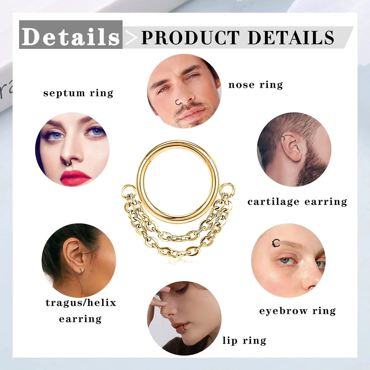 Longbeauty 16G Septum Clicker Nose Rings Hoops Helix Rook Conch Cartilage Daith Tragus Earrings Lobe Nose Piercing Jewelry for Women Men