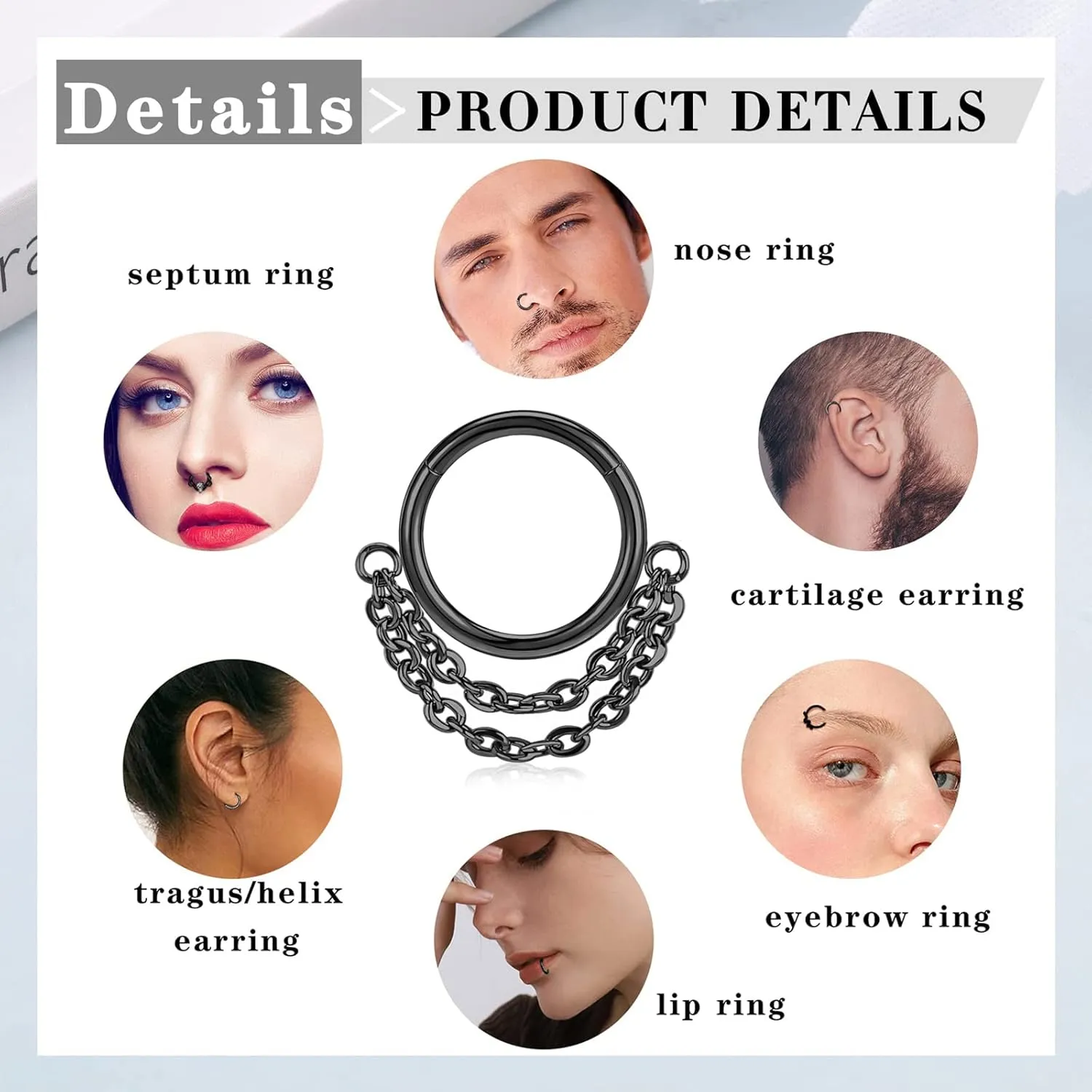 Longbeauty 16G Septum Clicker Nose Rings Hoops Helix Rook Conch Cartilage Daith Tragus Earrings Lobe Nose Piercing Jewelry for Women Men
