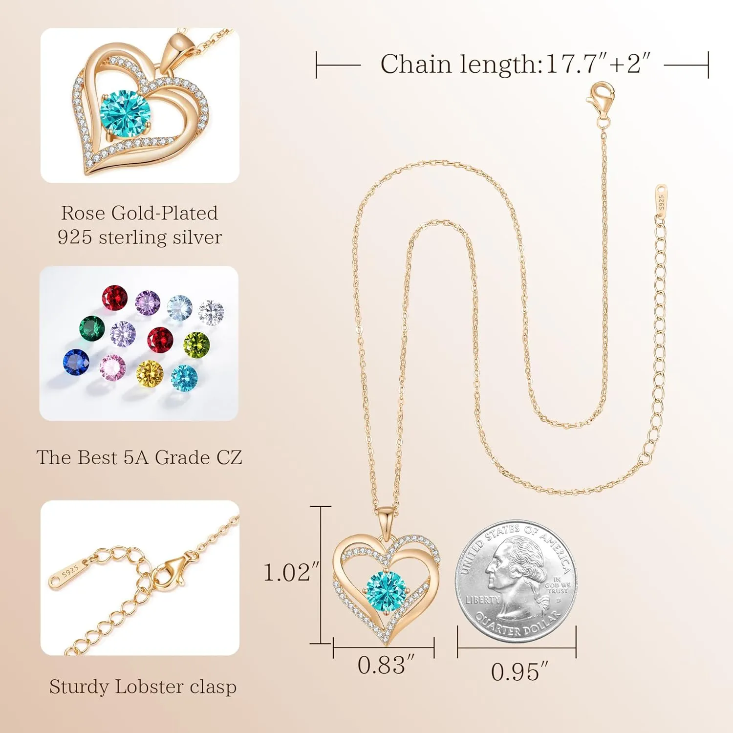 LOUISA SECRET Love Heart Birthstone Necklaces for Women, Birthday Gift for Women, Anniversary Jewelry for Wife Her, 925 Sterling Silver Pendant Necklace, Mother's Day Gift