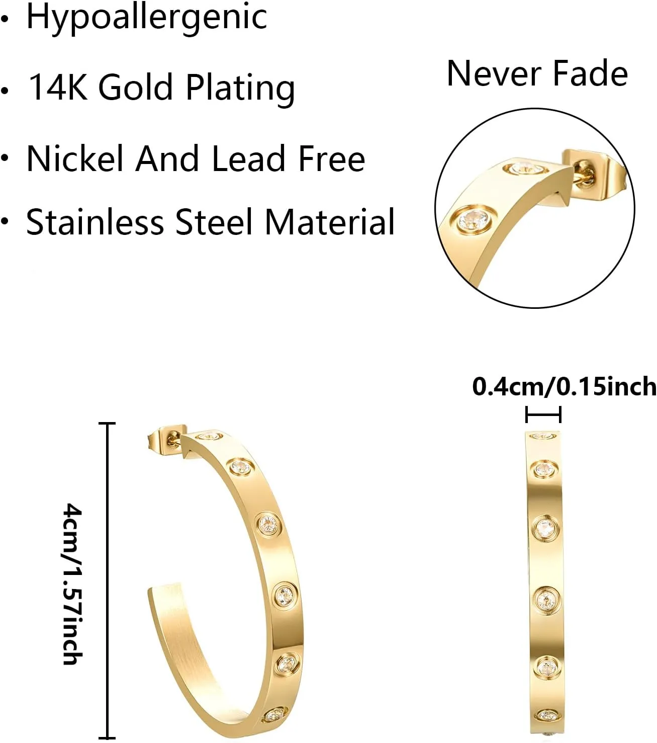 Love Friendship Hoop Earrings Set for Women 18K Gold and Silver Stainless Steel with Cubic Zirconia Stones Jewelry