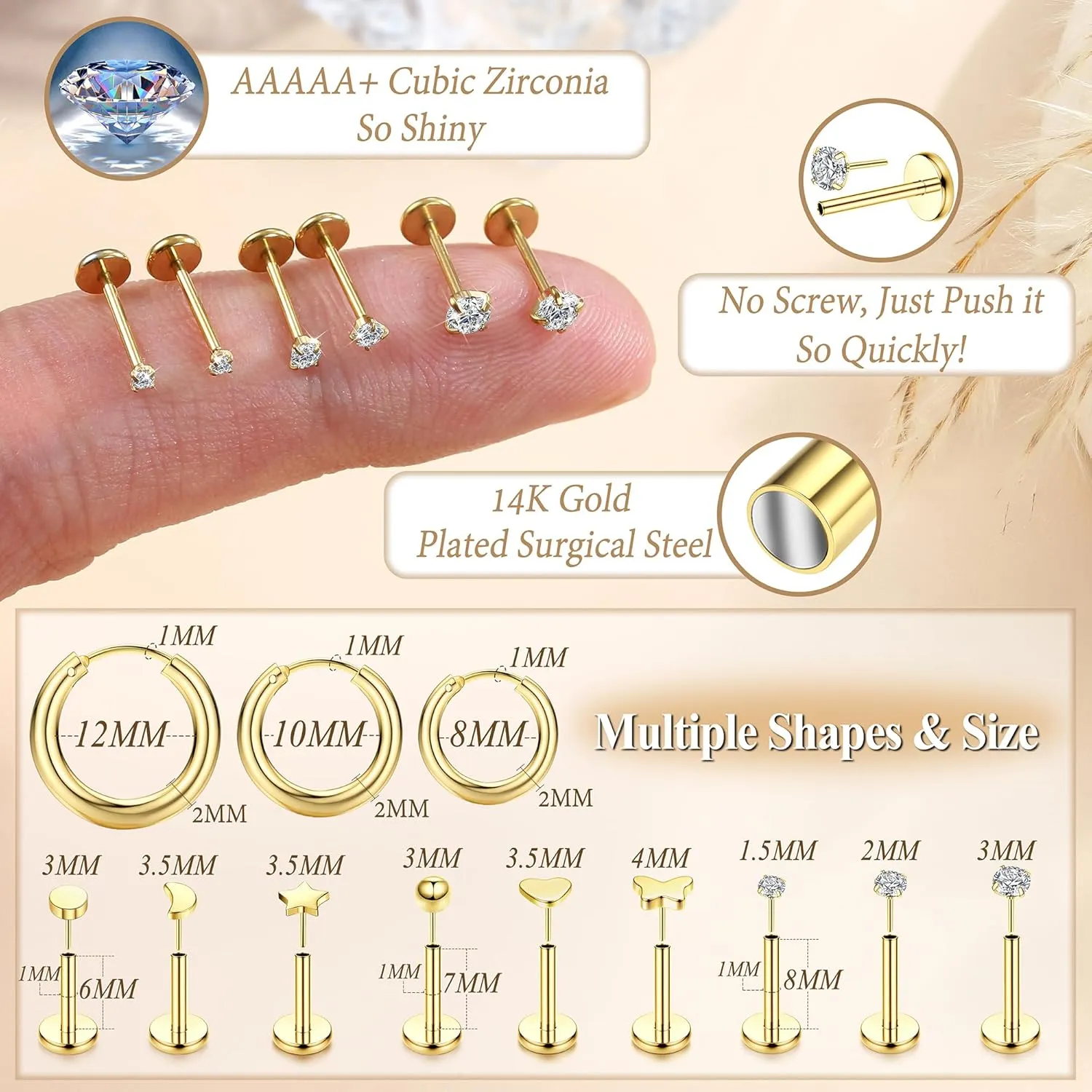 LOYALLOOK Threadless Flat Back Earrings 316L Surgical Steel Gold Cartilage Earrings for Women Men Hypoallergenic Small Hoop CZ Push in Flatback Stud Earrings 20G 18G Flat Back Nose Stud Tragus Helix Conch Piercing Jewelry