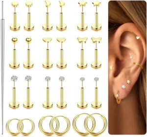 LOYALLOOK Threadless Flat Back Earrings 316L Surgical Steel Gold Cartilage Earrings for Women Men Hypoallergenic Small Hoop CZ Push in Flatback Stud Earrings 20G 18G Flat Back Nose Stud Tragus Helix Conch Piercing Jewelry