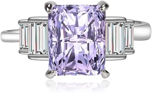 Luxury 3 Stone Princess Rings for Women Princess Cut Square Yellow/Purple/Red/Green/Pink Cubic Zirconia CZ Wedding Simulated Diamond Ring Engagement Anniversary Statement Cocktail Bands(Purple)