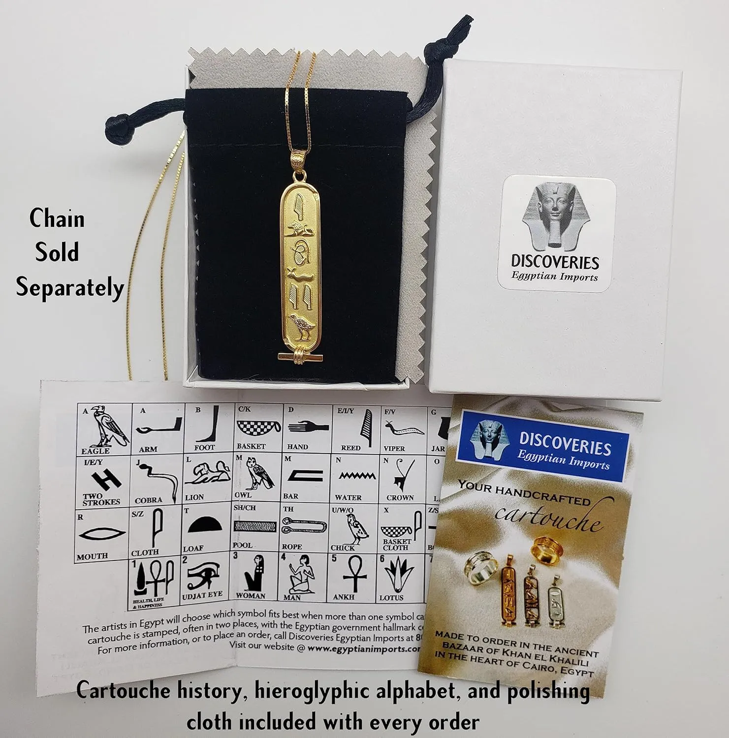 Made in Egypt - Personalized Cartouche Pendant - Available in 14K Gold, 18K Gold and Sterling Silver - 1-Sided Solid Pendant - Translate Any letters into Hieroglyphs - Discoveries Egyptian Imports - Handmade in Egypt