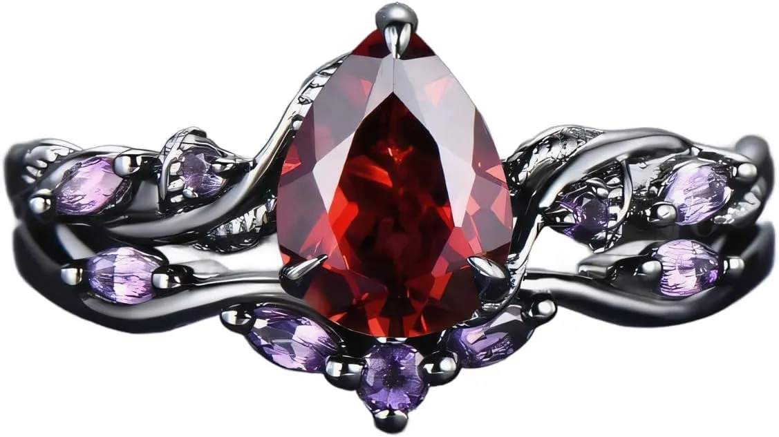 Matching Couple Rings - Red Moissanite Engagement Rings for Women Pear Shaped Custom Wedding Rings for Him and Her in 925 Sterling Silver DIY Jewelry Gifts