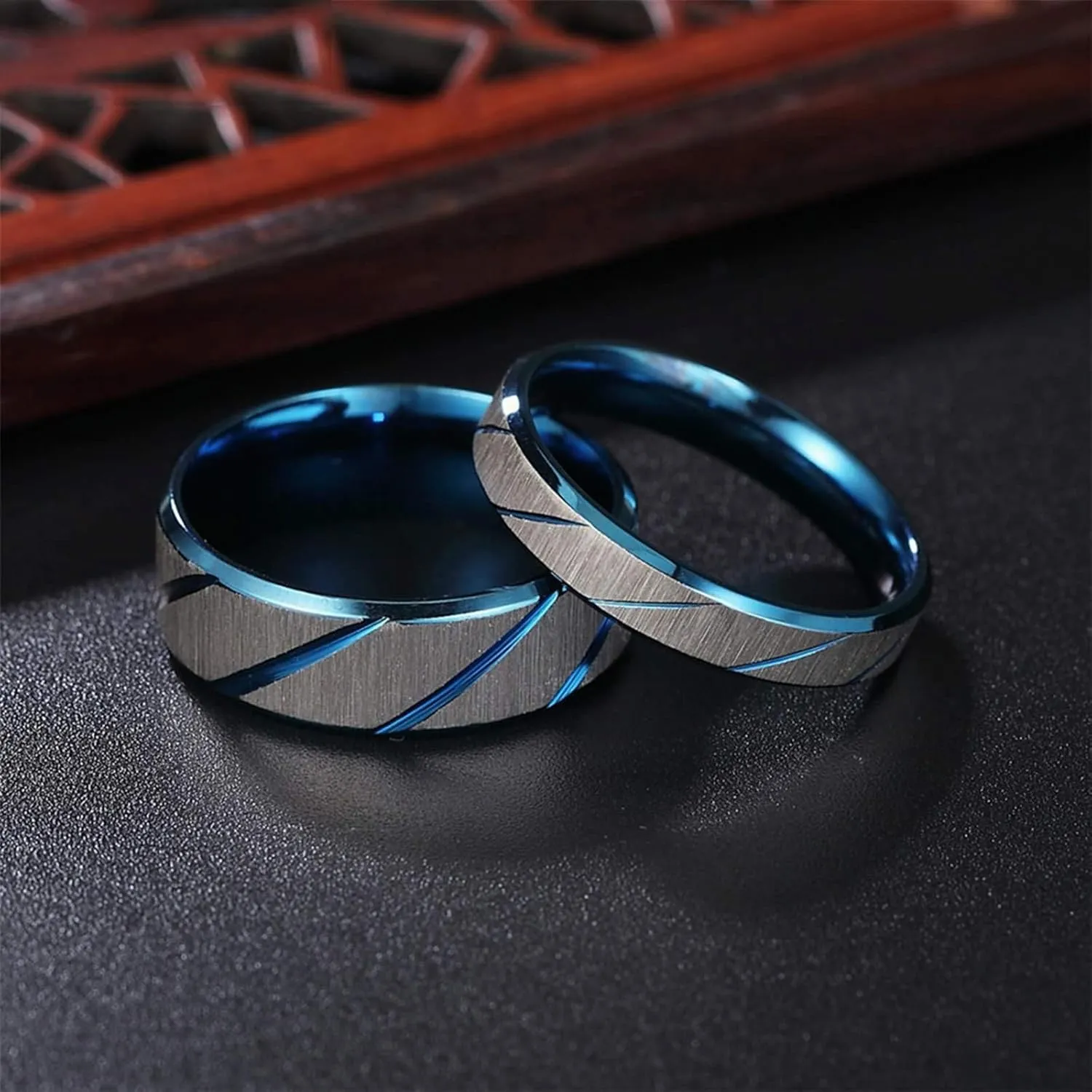Matching Rings for Couples, Bridal Ring Set Stainless Steel Scrub Blue Jewelry Rings Gifts Size 6-12