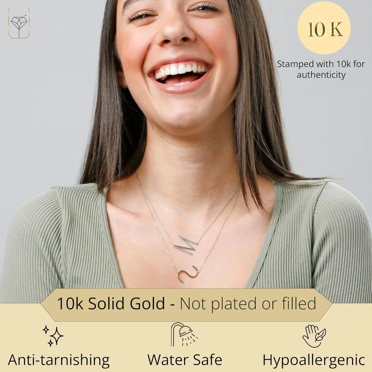 MAX   STONE Block 10k Yellow or White Gold Letter Necklace for Women | Personalized Gold Initial Necklace for Women | Real Gold Necklace with Initial Letter on an 16-18 inch Cable Chain