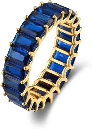 MDFUN Blue Baguette Ring Eternity Rings 18K Yellow Gold Plated for Women Deep Blue Spinel Wedding Promise Engagement Band Size 5-10