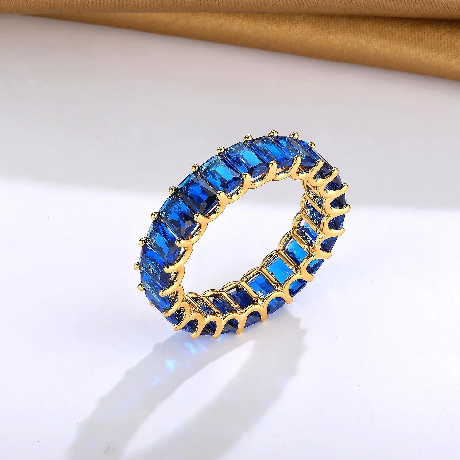 MDFUN Blue Baguette Ring Eternity Rings 18K Yellow Gold Plated for Women Deep Blue Spinel Wedding Promise Engagement Band Size 5-10