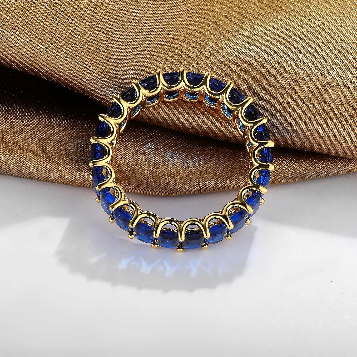MDFUN Blue Baguette Ring Eternity Rings 18K Yellow Gold Plated for Women Deep Blue Spinel Wedding Promise Engagement Band Size 5-10