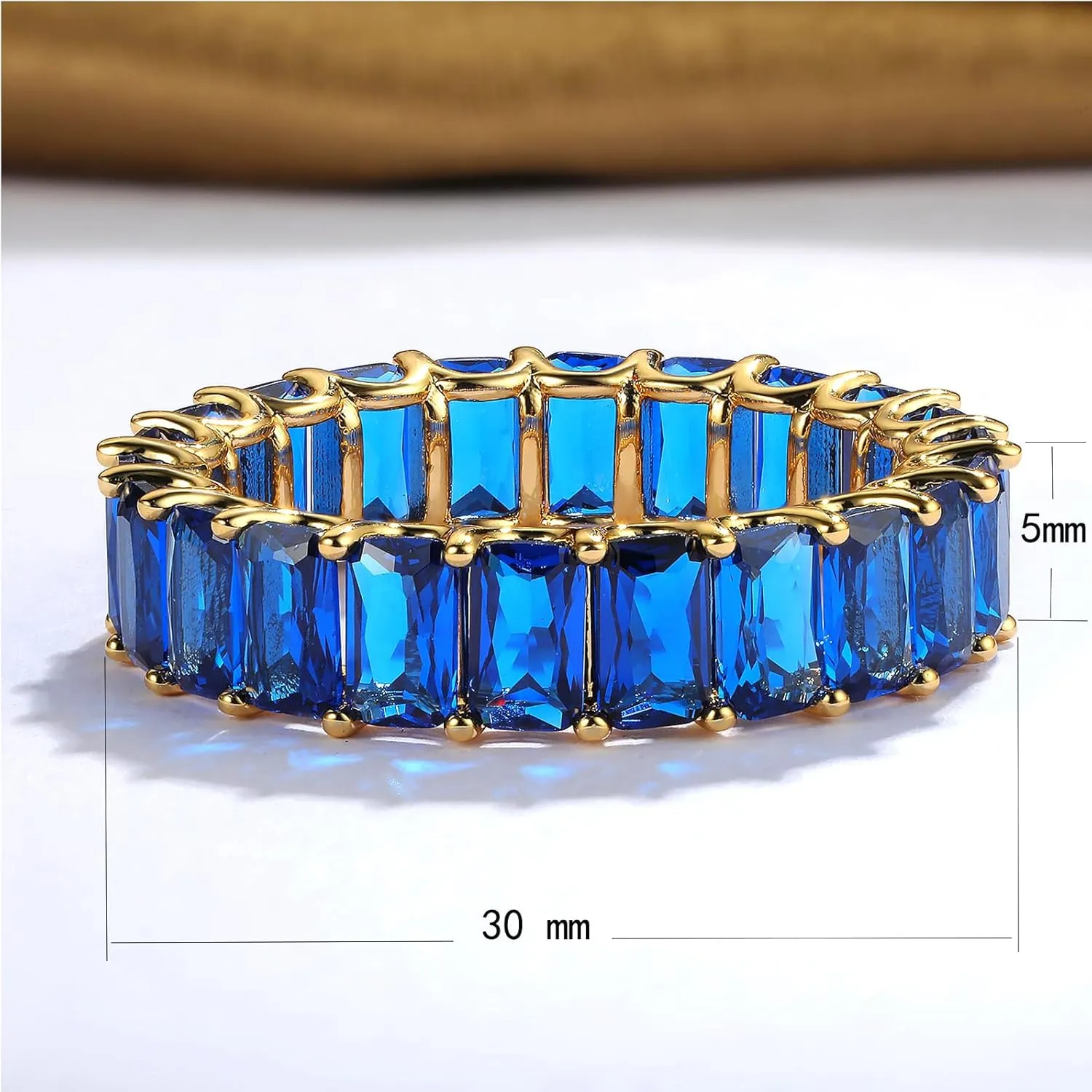 MDFUN Blue Baguette Ring Eternity Rings 18K Yellow Gold Plated for Women Deep Blue Spinel Wedding Promise Engagement Band Size 5-10