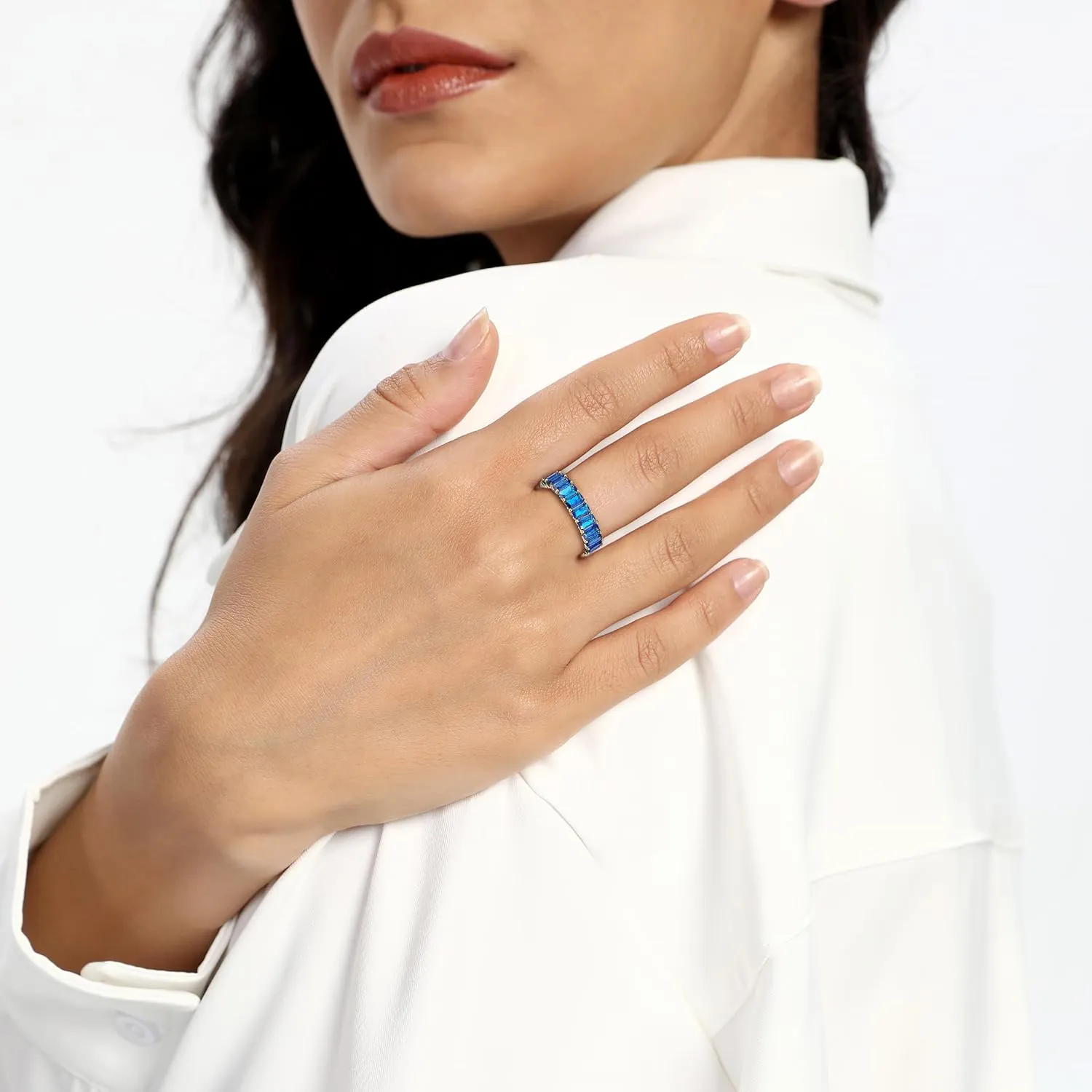 MDFUN Blue Baguette Ring Eternity Rings 18K Yellow Gold Plated for Women Deep Blue Spinel Wedding Promise Engagement Band Size 5-10