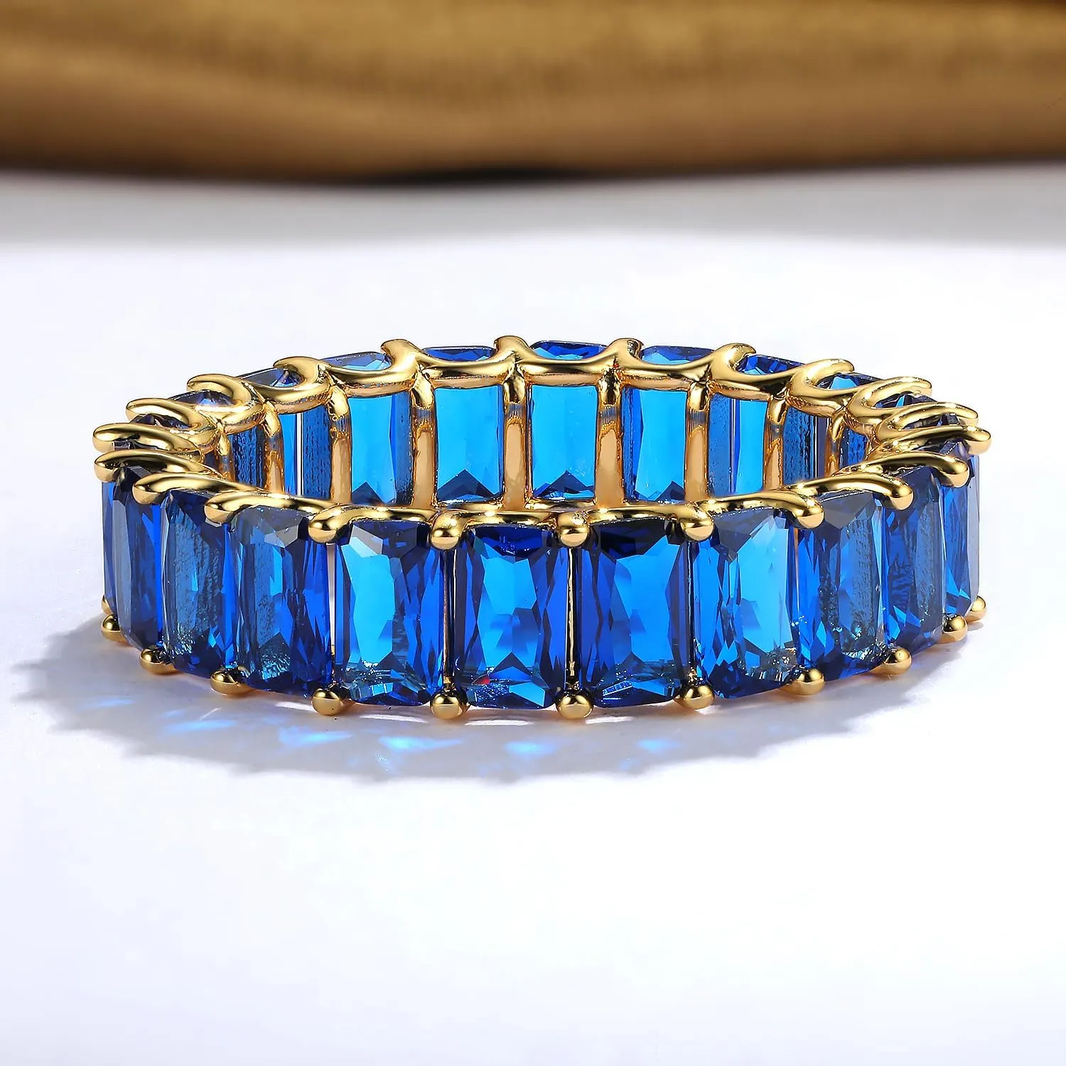 MDFUN Blue Baguette Ring Eternity Rings 18K Yellow Gold Plated for Women Deep Blue Spinel Wedding Promise Engagement Band Size 5-10